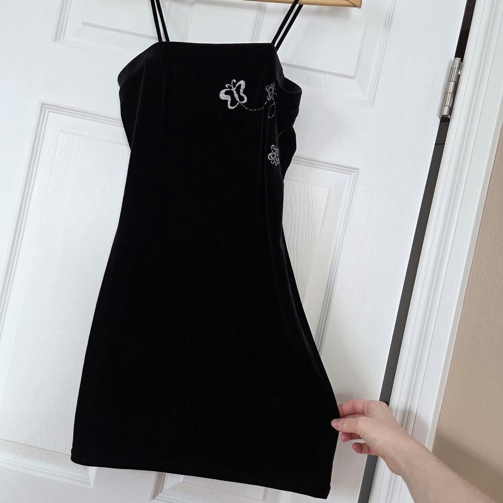 Black Velvet Mini Dress with Butterfly Embroidery